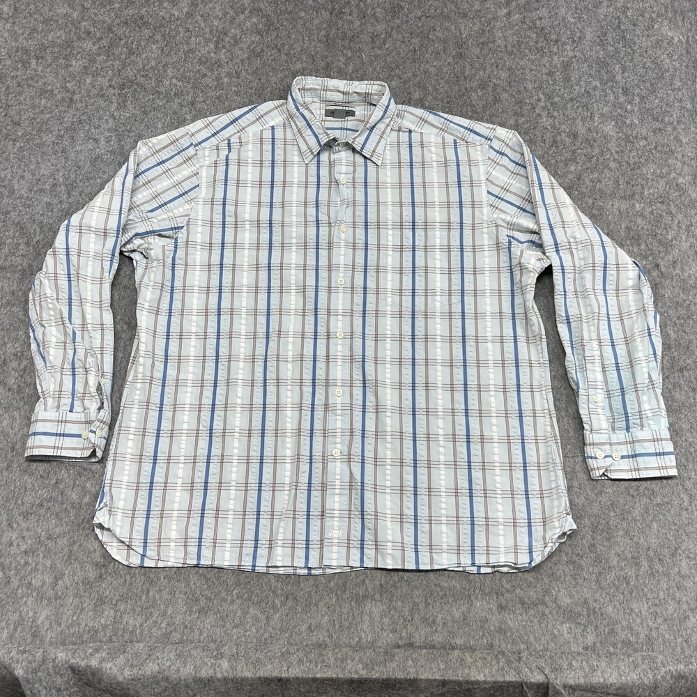 Johnston & Murphy Shirt Mens 2XL Blue Brown Plaid Tailored Fit Seersucker Button